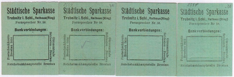 Deutsches Notgeld und KGL
Trebnitz
4 X Briefmarkennotgeld Städtische Sparkasse...