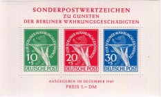 Deutschland
Berlin
Währungsgeschädigten-Block 1949, mit der neu entdeckten Abart bei 10 Pf, "grüner Punkt rechts am Handgelenk". Michel 2500,- Euro....