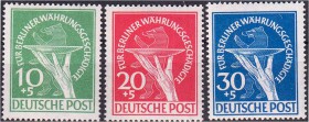 Deutschland
Berlin
Währungsgeschädigte 1949. Kompletter Satz, dabei 30 Pf. mit Abart I. Michel 500,- Euro.
**, Pracht
