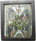 Bilder
Ikonen
Fenster-Glasbild mit russisch-orthodoxem, religiösem Motiv: Kreuz mit 4 Blüten und einer Blume, in den Winkeln Bilder von Heiligen, je...