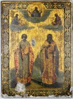 Bilder
Ikonen
Russische Holzikone um 1900. Heiliger Nikolaus und Christus stehen nebeneinander, darüber in Wolken nochmals Christus und Maria, im Hi...
