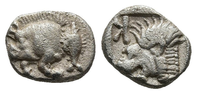 MYSIA. Kyzikos. (Circa 450-400 BC)
AR Obol (9,2mm 0,8g)
Obv: Forepart of boar ...