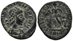Arcadius (383-408 AD). Kyzikos
AE Bronze (12,7mm 1,30g)
Obv: D N ARCADIVS P F AVG. Pearl-diademed, draped and cuirassed bust to right
Rev: SALVS RE...
