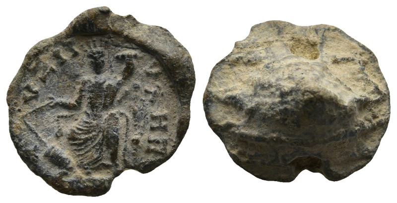 MYSIA. Kyzikos.
PB Seal (16mm 3,8g)
Obv: God seated throne; holding rudder and...