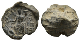 MYSIA. Kyzikos.
PB Seal (16mm 3,8g)
Obv: God seated throne; holding rudder and cornucopia, left leg bare
Rev: Blank