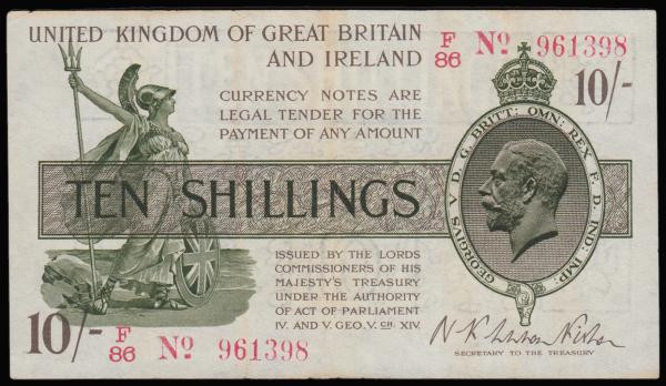 Ten Shillings Warren Fisher T26 issued 1919 F/86 961398 (No. with dash), VF with...