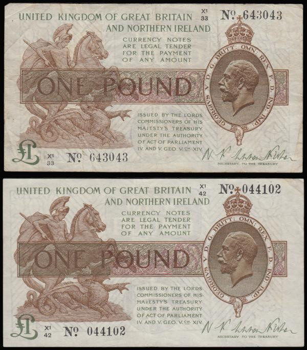 One Pound Warren Fisher T34 issued 1927, last series No. with dot, portrait King...