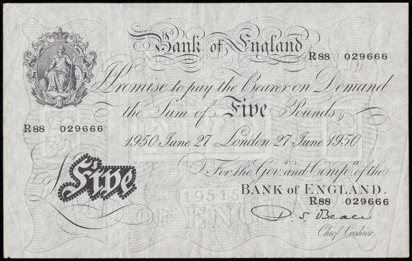 Five Pounds Beale white dated 27 June 1950 series R88 029666 B270, VF or better