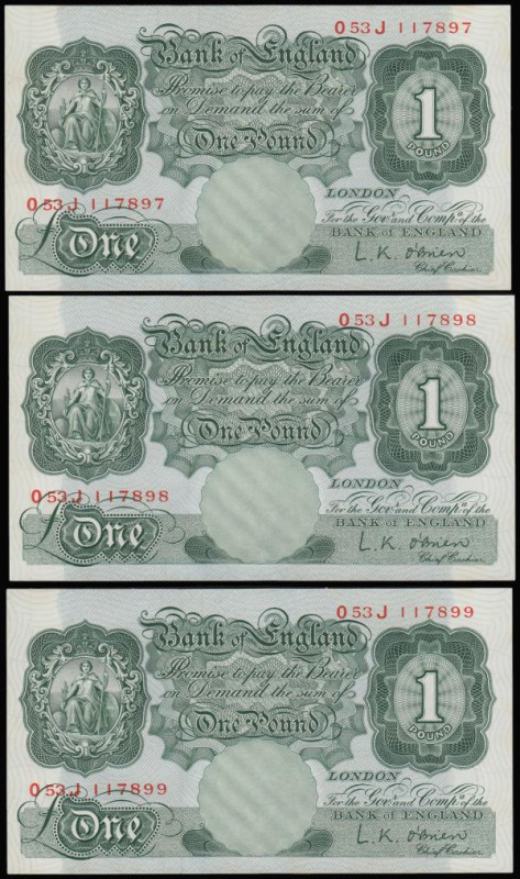 One Pound O'Brien B273 (3) issued 1955, a consecutively numbered run O53J 111897...