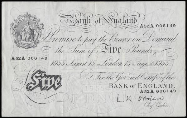 Five Pounds O'Brien white B276 dated 15th August 1955, series A52A 006149, Pick3...