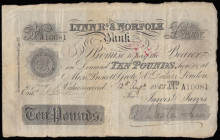 Lynn Regis & Norfolk Bank (King's Lynn) &pound;10 dated 12 Aug 1885 serial No.A10084 for Jarvis & Jarvis, (Outing1075g), aVF a few pinholes, some ligh...