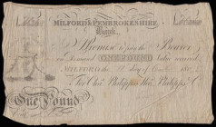 Milford & Pembrokeshire Bank &pound;1 dated 1808 No. M261 for Chas. Phillips, Thos. Philipps & Co., (Outing 1431b) pinholes & edge wear, Fine, a scarc...