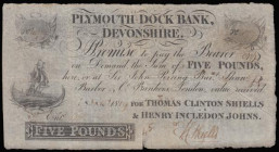 Plymouth Dock Bank, Devonshire &pound;5 dated 1819 for Shiells & Johns, (note was cut in two as was the custom for transportation & has now been rejoi...