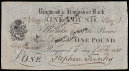 Ringwood & Hampshire Bank &pound;1 dated 1821 No.R1297 for Stephen Tunks, (Outing 1788b), small dividend stamps on face, pleasing VF with a few pinhol...