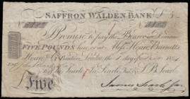 Saffron & Walden Bank Essex Five Pounds dated 1824 series No.3182 for Ja. Searle, Ja. Searle Jnr & S.B. Searle. (Outing 1848c), colourful 5 : ONE SHIL...