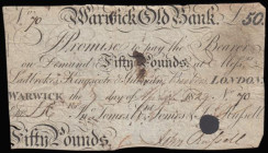 Warwick Old Bank &pound;50 April 1829 series No. 70 for Tomes, Tomes & Russell (Outing 2280) about Fine one large cancellation hole trimmed for postag...