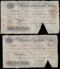 Wisbech & Lincolnshire Bank &pound;5 issued 1894 for Gurney, Birkbeck, Barclay & Buxton, Grant 3252D, Outing 2328 (2) both triangular cut-cancellation...