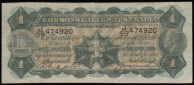 Australia 1 Pound George V profile portrait (1927) signed Riddle and Heathershaw Pick 16c S/N J/59 474920 Fine one pinhole