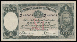 Australia 1 Pound issued 1933 - 1938 series N/97 940871, Pick22, KGV at right, signed Riddle & Sheehan, bold Fine one pinhole