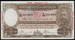 Australia 10 Shillings Riddle and Sheehan with TEN SHILLINGS in red in the margins Pick 20 (1934) George V facing portrait S/N C/39 551935 Good VF a s...