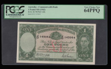 Australia One Pound George VI portrait issued 1942 signed Armitage/McFarlane S?N J/12 143064, Pick26b, PCGS 64PPQ Very Choice New rare in this high gr...