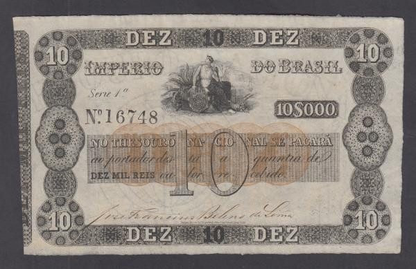 Brazil 10 Mil Reis (1852) Serie 1a IMPERIO DO BRAZIL uniface black on white unde...