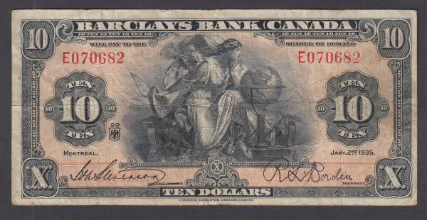Canada, Barclays Bank 10 Dollars Jan 2 1935 S/N E070682 signed Stephenson and Bo...