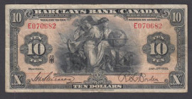 Canada, Barclays Bank 10 Dollars Jan 2 1935 S/N E070682 signed Stephenson and Borden Pick S951a Fine, a seldom offered type