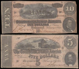 Confederate States of America Richmond February 17 1864 (2) 5 and 10 Dollars Fine the 10 with a pinhole