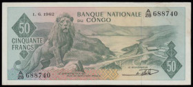 Congo Democratic Republic 50 Francs dated 1st September 1961 series A/2 614893, lion at left, (Pick5a), good EF with some light dirt top right