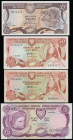 Cyprus (4) 500 Mils 1982 Pick 45 Fine, 50 Cents 1983 Pick 49 AU, 1 Pound 1982 Pick 50 Unc and 5 Pounds 1.6.1979 EF