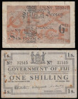 Fiji 1 Shilling 1 Jan 1942 black on white uniface this Fine along with Jersey 6d ND (1941-42) orange Very Good