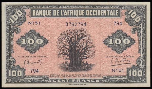 French West Africa 100 Francs World War II issue Pick 31a dated 14th December 19...