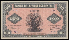 French West Africa 100 Francs World War II issue Pick 31a dated 14th December 1942 variety with serial numbers block N151 794 number 3762794, a presen...