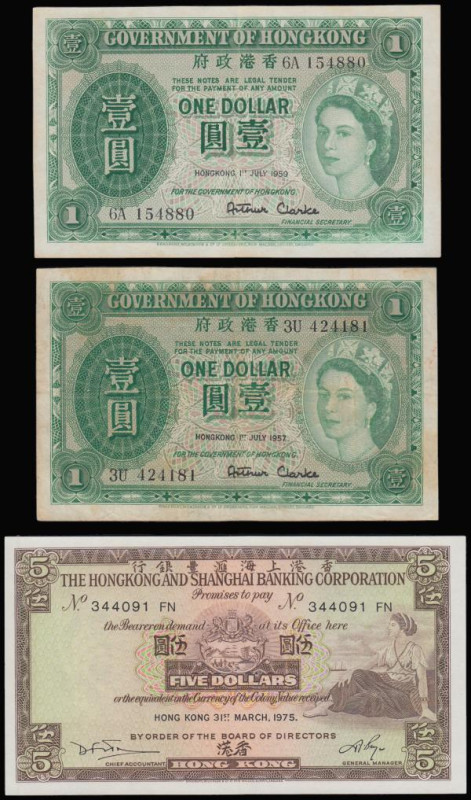 Hong Kong (3) Government of Hong Kong 1 Dollar green young QE II 1.7.1957 Fine, ...