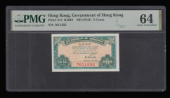 Hong Kong Government of Hong Kong 5 Cents ND(1941) Pick 341 PMG 64 Choice Unc