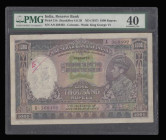 India 1000 rupees KGVI ND(1937) S/N A/0 368492 Calcutta branch, Taylor signature, Pick21b, Extremely Fine PMG 40 (Spindle Holes, Annotations, Ink Stam...