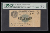 India 2 Rupees, 8 Annas ND(1917) signed Gubbay, Madras S/N M/3 194294 Pick 2 Very Fine PMG 25