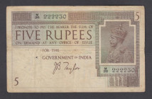 India 5 Rupees 1917-1930 signed Taylor Pick 4b, portrait KGV at right S/N M/26 222230 about Fine with two small holes