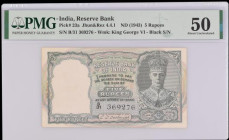 India 5 Rupees King George VI portrait issue, 1943 series B/31 369276 black serial number, in a PMG holder and graded About UNC 50