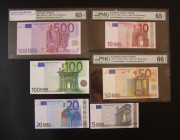 Ireland Euro Set 2002 first year of issue so all with T prefix 5 Euros Unc, 10 Euros PMG 65 EPQ, 20 Euros Unc, 50 Euros PMG 66 EPQ, 100 Euros Unc and ...