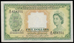 Malaya and British Borneo 5 Dollars green young QE II 21 March 1953 S?N A/10 434351 VF or better Pick 2