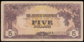 Malaya Japanese Occupation WW II 5 Dollars with serial number MA028708 Pick M6a Fine or better
