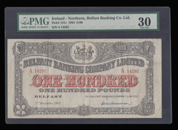 Northern Ireland Belfast Banking Company Ltd &pound;100 dated 3rd December 1963 ...