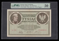 Poland State Loan Bank 1000 Marek 1919 watermark Eagle Arms and without engraver Pick 22d, CM#22g-h S/N ZG 422061 About Uncirculated PMG 50