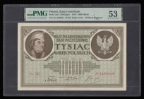 Poland State Loan Bank 1000 Marek 1919 watermark Eagle Arms and without engraver Pick 22d, CM#22g-h S/N ZG 422062 About Uncirculated PMG 53