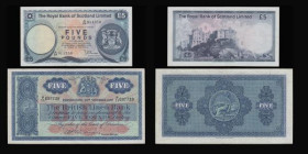 Scotland (4) British Linen Bank 5 Pounds 20 Nov 1957 VF and 1 Pound 25 July 1944 EF, Clydesdale and North of Scotland 1 Pound 1st May 1958 AU, Royal B...