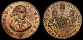 Halfpenny 18th Century Middlesex National series, undated, Obverse Three-quarter bust to right GEORGE PRINCE OF WALES, Reverse: Coat of Arms LONDON AN...