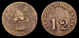 Shilling (?) 19th Century 14mm diameter in bronze Obverse: SCHOOL OF INDUSTRY and large 12, Reverse: Beehive and bees, no legend, possibly an early 19...