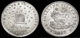 Shilling 19th Century Cheshire - Stockport 1812 Obverse: Female figure seated on a bale to right, holding scales and cornucopia, ONE SHILLING SILVER. ...